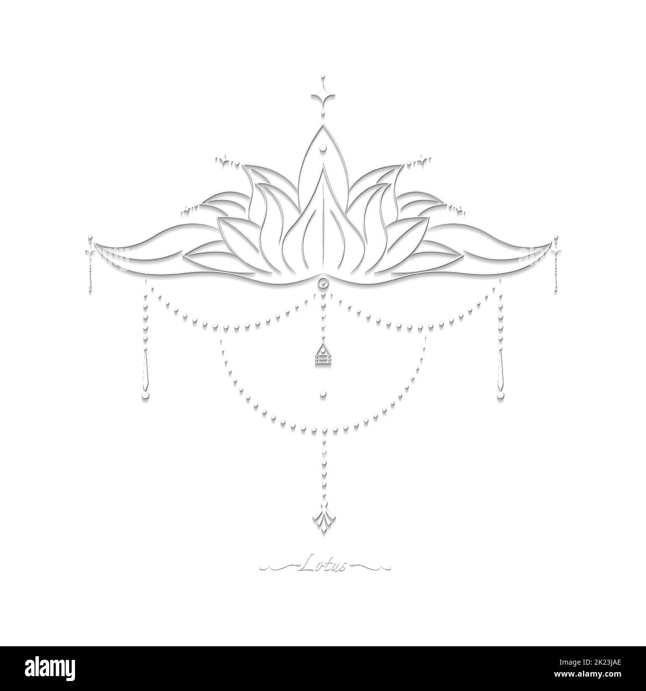 Fiore di loto sacro bianco, ornamento floreale stilizzato, logo line art, boho design. Fiore simbolo di yoga, spa, salone di bellezza, cosmetici, relax Illustrazione Vettoriale