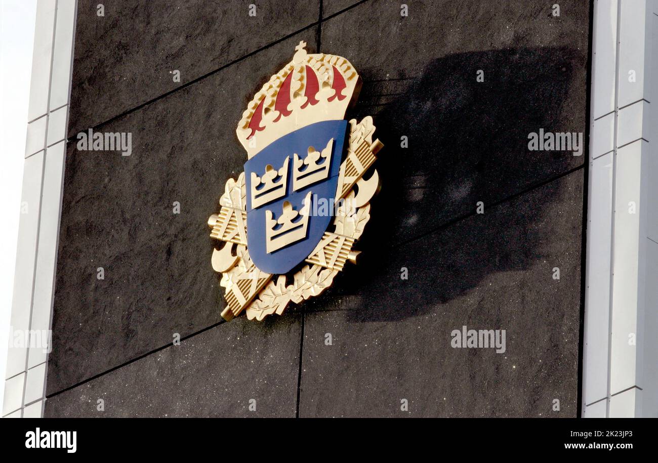 Emblema di polizia presso la stazione di polizia di Norrköping, Svezia. Foto Stock