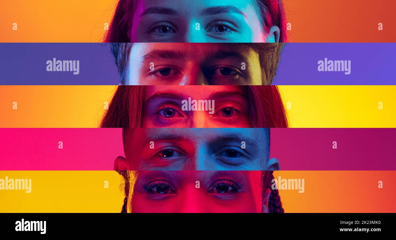 Immagine composita verticale di occhi maschi e femmine ravvicinati isolati su backgorund colorato a strisce al neon. Concetto di uguaglianza, unificazione di tutte le nazioni Foto Stock