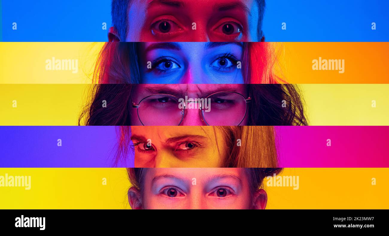 Immagine composita verticale di occhi maschi e femmine ravvicinati isolati su backgorund colorato a strisce al neon. Concetto di uguaglianza, unificazione di tutte le nazioni Foto Stock