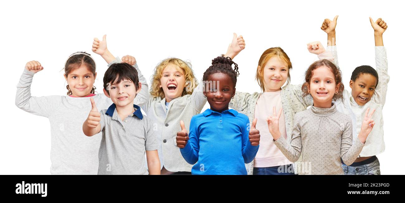 I bambini sono felici e felici come un concetto di successo per la scuola e l'istruzione Foto Stock