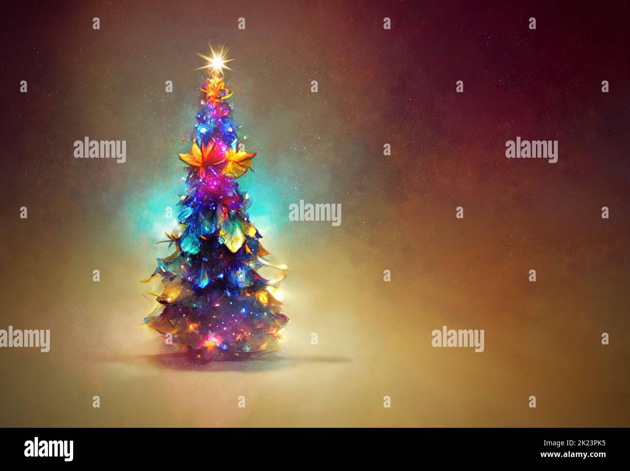 Albero di Natale colorato per Natale con una stella e copia spazio su uno sfondo Foto Stock