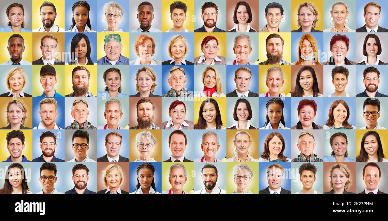 Ritratti di dipendenti di diverse professioni di fronte a uno sfondo con fatture come concetto di risorse umane Foto Stock