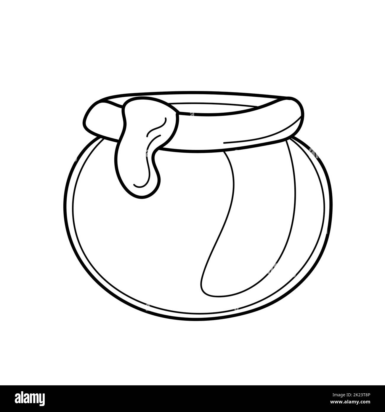 Vaso di miele disegnato a mano, vettore per colorare la pagina in stile cartoon su bianco Illustrazione Vettoriale