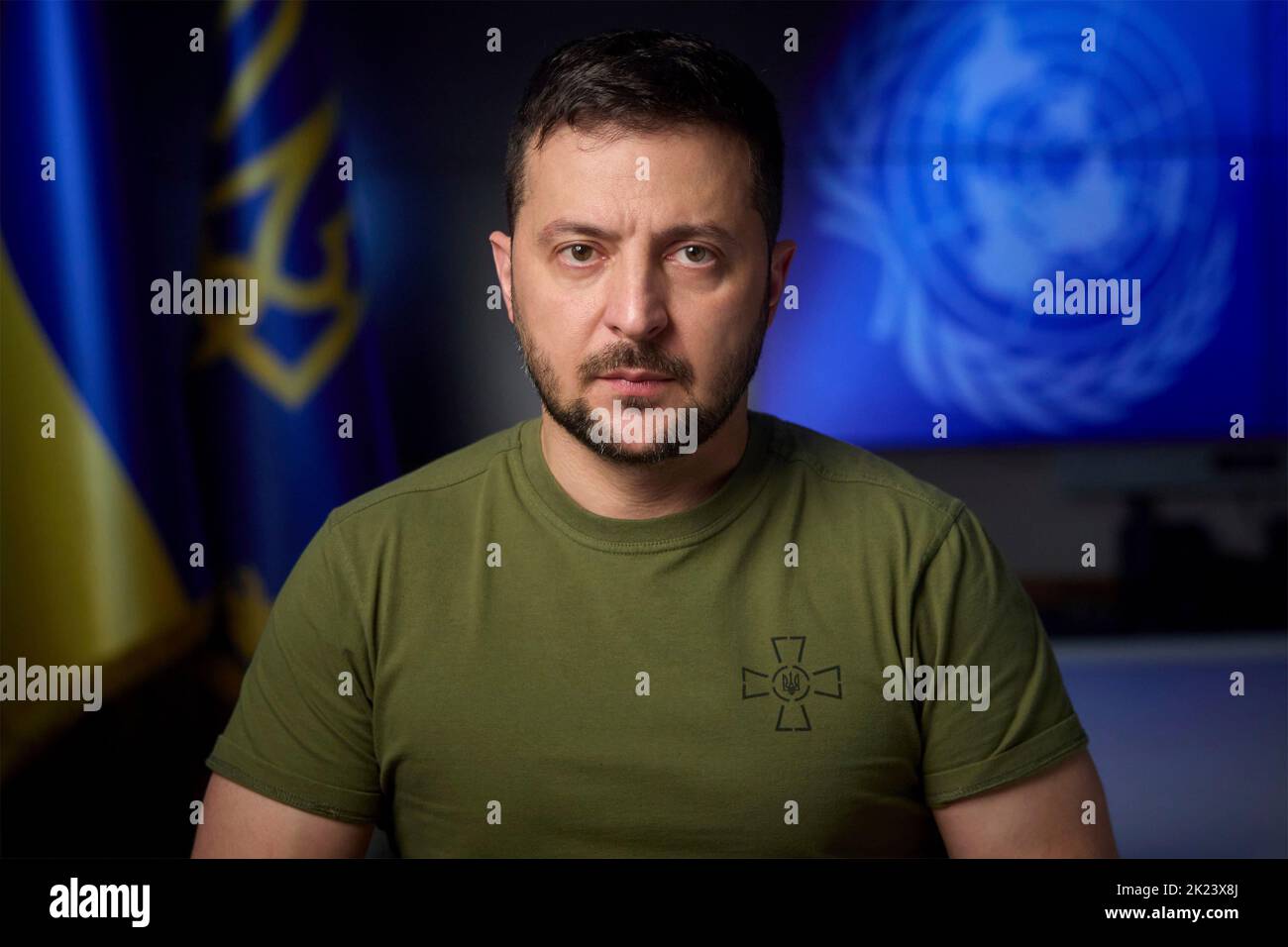 Kiev, Ucraina. 21st Set, 2022. Il presidente ucraino Volodymyr Zelenskyy, consegna un discorso all'Assemblea Generale delle Nazioni Unite via video remoto dal Palazzo Mariinskyi, 21 settembre 2022 a Kyiv Ucraina. Credit: Ufficio stampa presidenziale Ucraina/Presidenza Ucraina/Alamy Live News Foto Stock