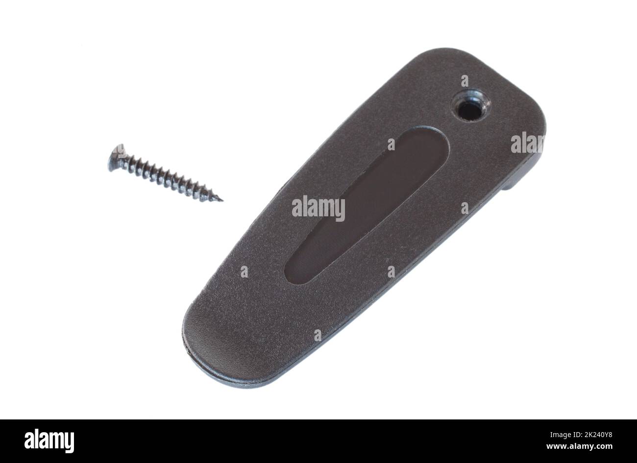 Clip per cintura per un dispositivo e una vite di montaggio isolati su sfondo bianco Foto Stock