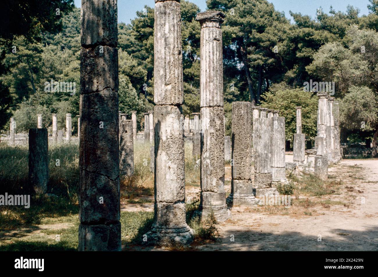 Palaestra a Olympia - una piccola cittadina di Elis sulla penisola del Peloponneso in Grecia, famosa per il vicino sito archeologico con lo stesso nome. Questo sito era un importante santuario religioso panellenico dell'antica Grecia, dove gli antichi Giochi Olimpici si tenevano ogni quattro anni durante l'antichità classica, dal 8th° secolo a.C. al 4th° secolo d.C. Aprile 1980. Scansione di archivio da una diapositiva. Foto Stock