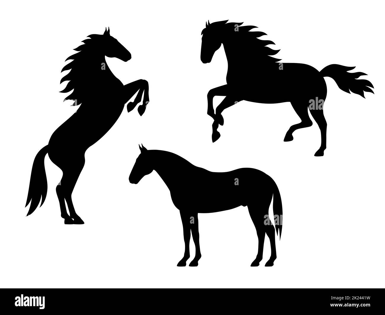 Set di cavalli silhouette. Illustrazione vettoriale di una silhouette nera isolata su bianco. Icona del logo, vista laterale. Illustrazione Vettoriale