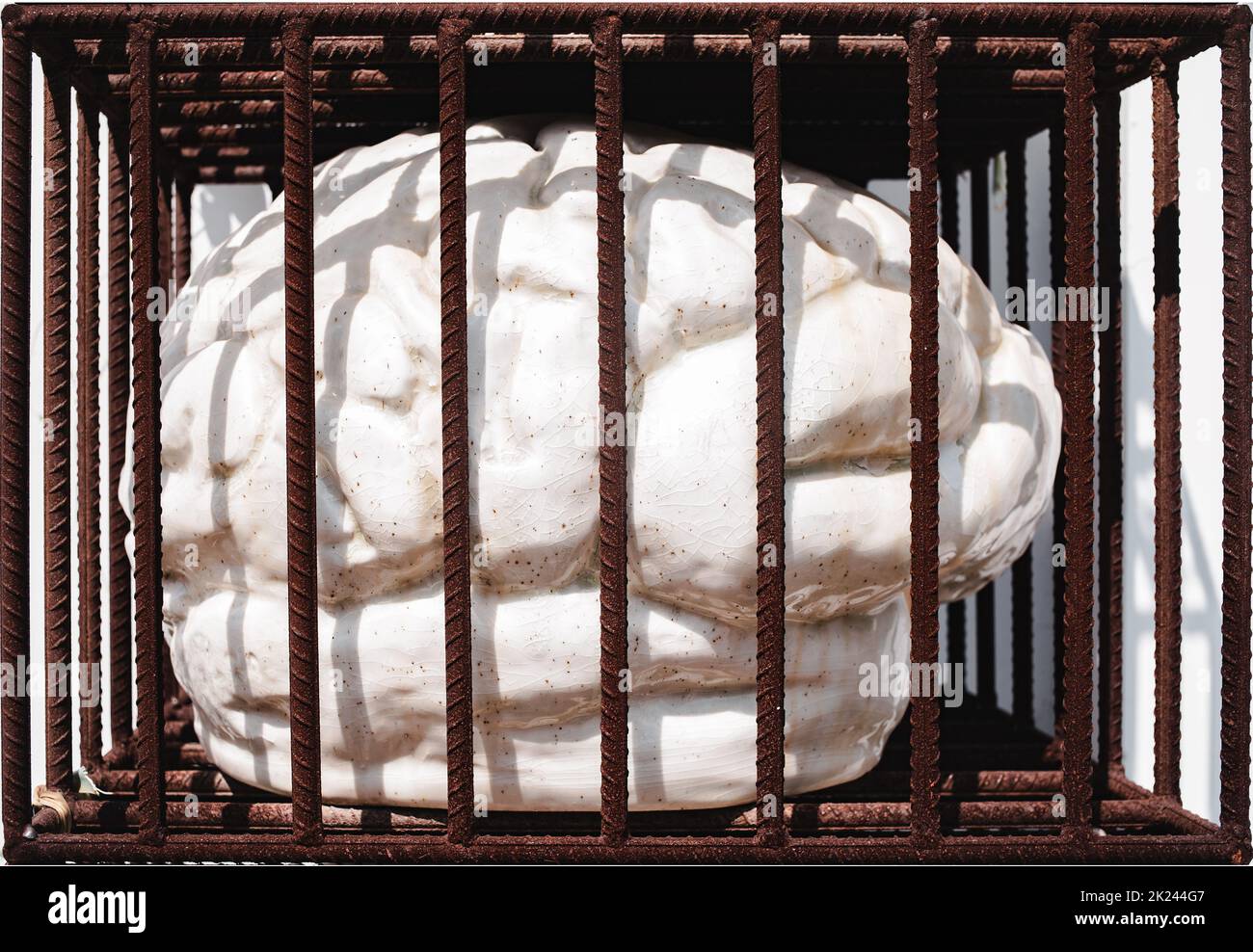 Cervello umano intrappolato in vecchia gabbia arrugginita, libera il tuo concetto di mente. Foto Stock