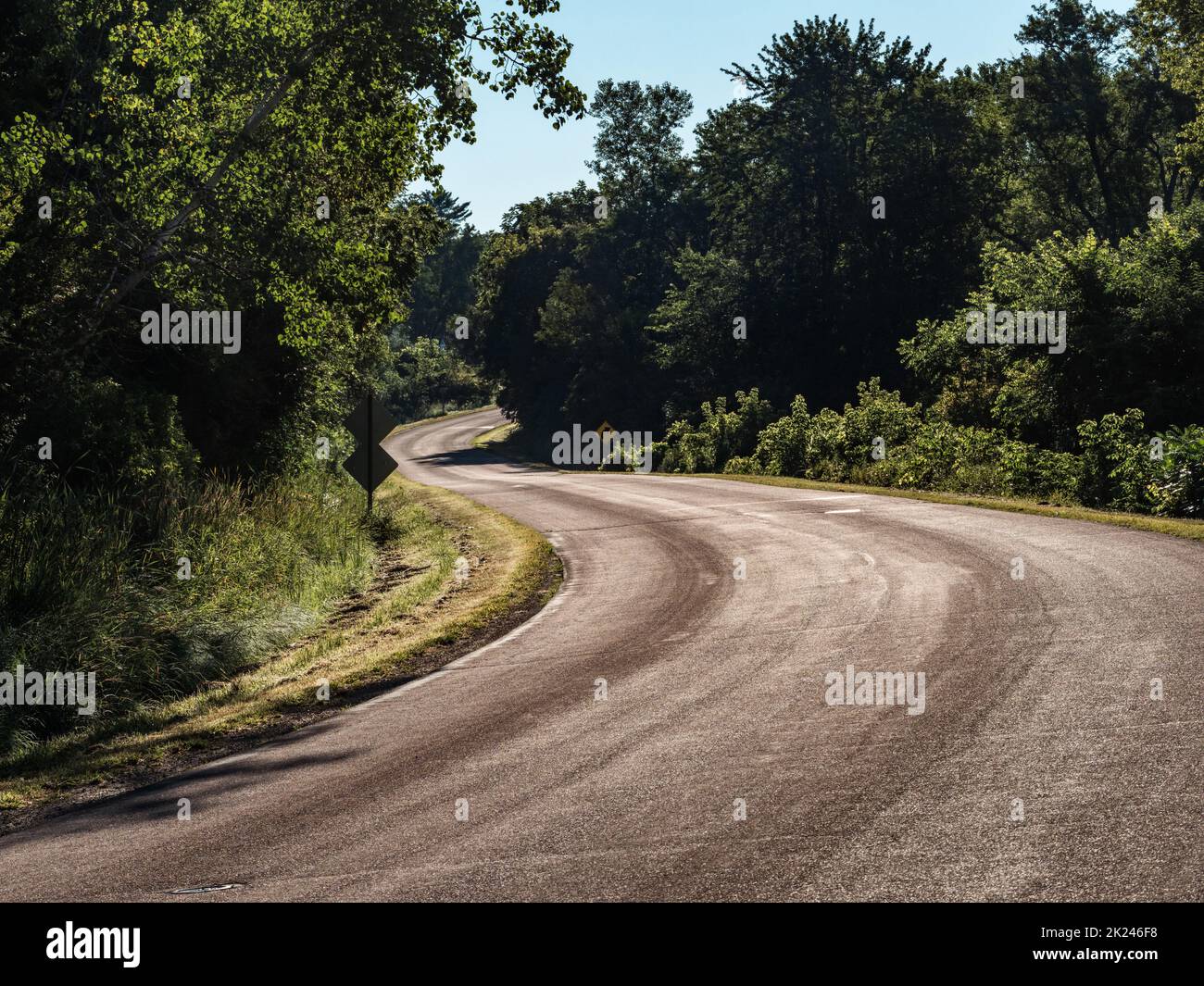 Camminando lungo River Road vicino a Whitehall, Wisconsin, la mattina presto, mentre si snoda attraverso la foresta vicino al fiume Trempealeau. Foto Stock