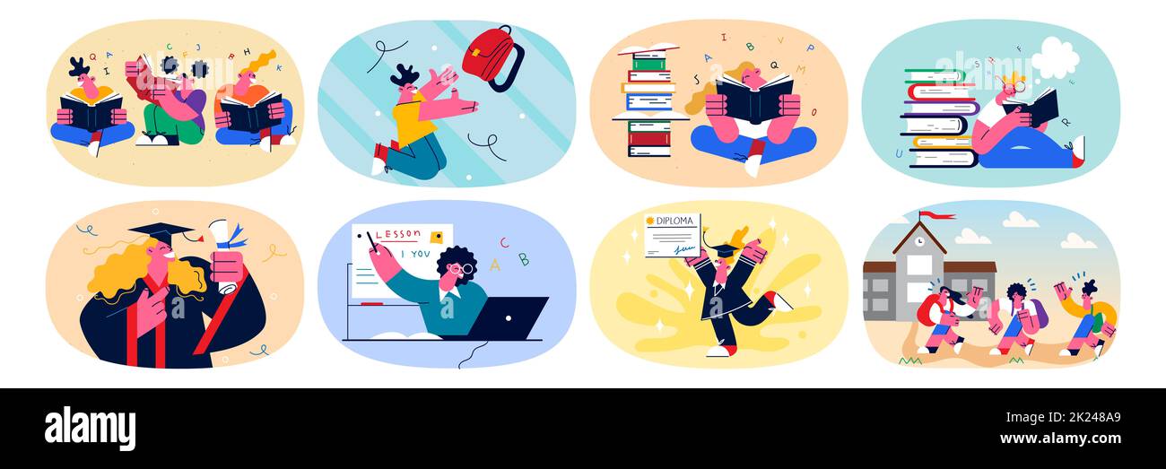 Insieme di studenti felici che imparano con i libri di testo hanno lezioni con webcam con l'insegnante. Pacchetto di studenti studenti laureati a scuola o all'università. Distante Foto Stock