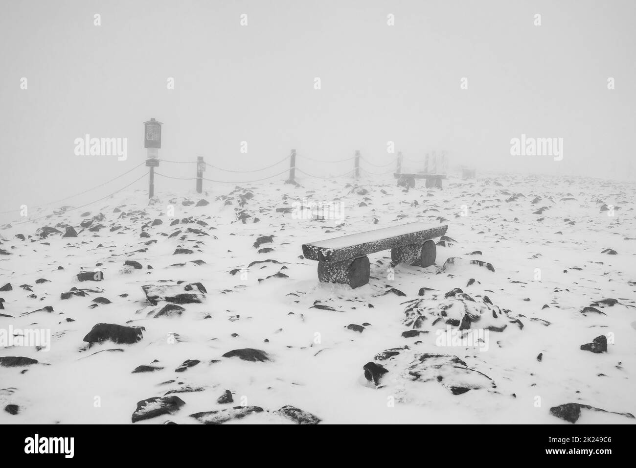 Panchine in legno congelato ricoperte di gelo. Paesaggio invernale. Bianco e nero. Foto Stock