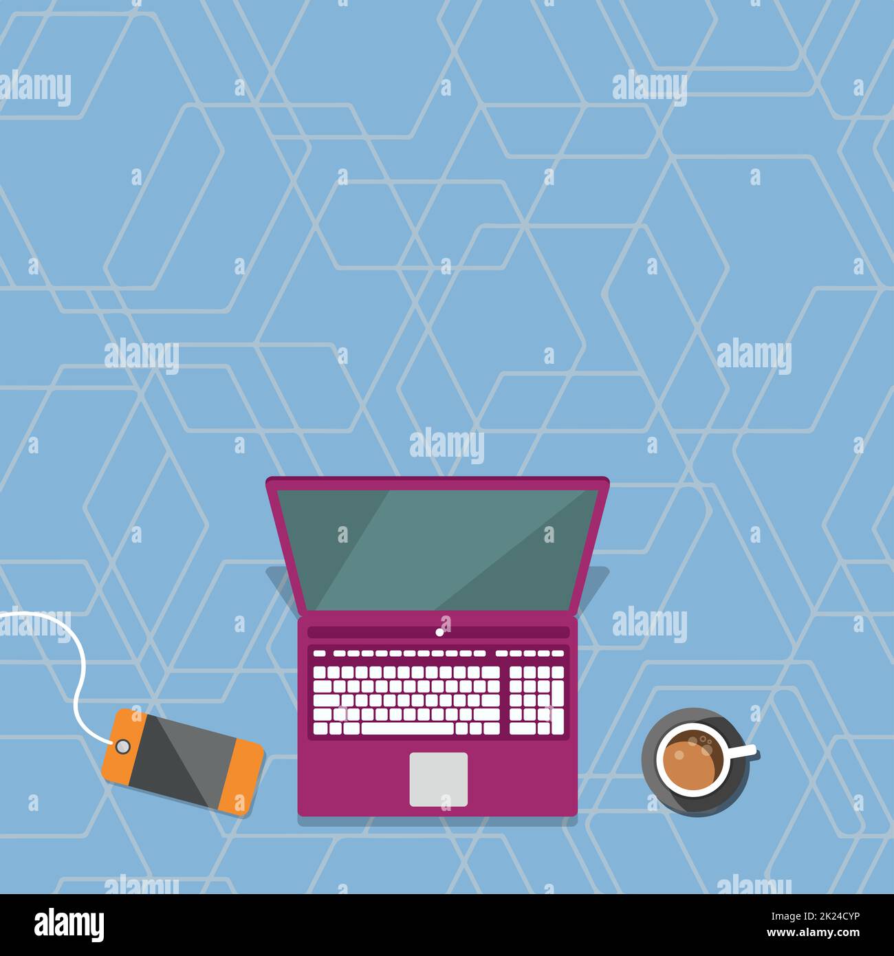 Computer portatile appoggiato su un tavolo accanto al Coffee Mug e impianto che mostra il processo di lavoro. Foto Stock