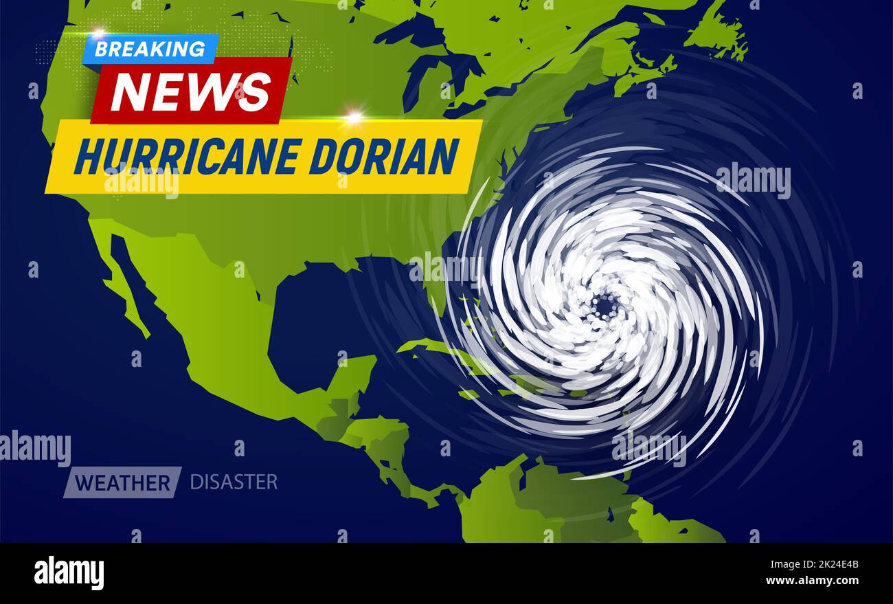Dorian ciclone uragano sulla mappa USA, typhoon tempesta a spirale nel corso della Florida, spin vortex su sfondo nero, ultime notizie TV flat illustrazione vettoriale Foto Stock