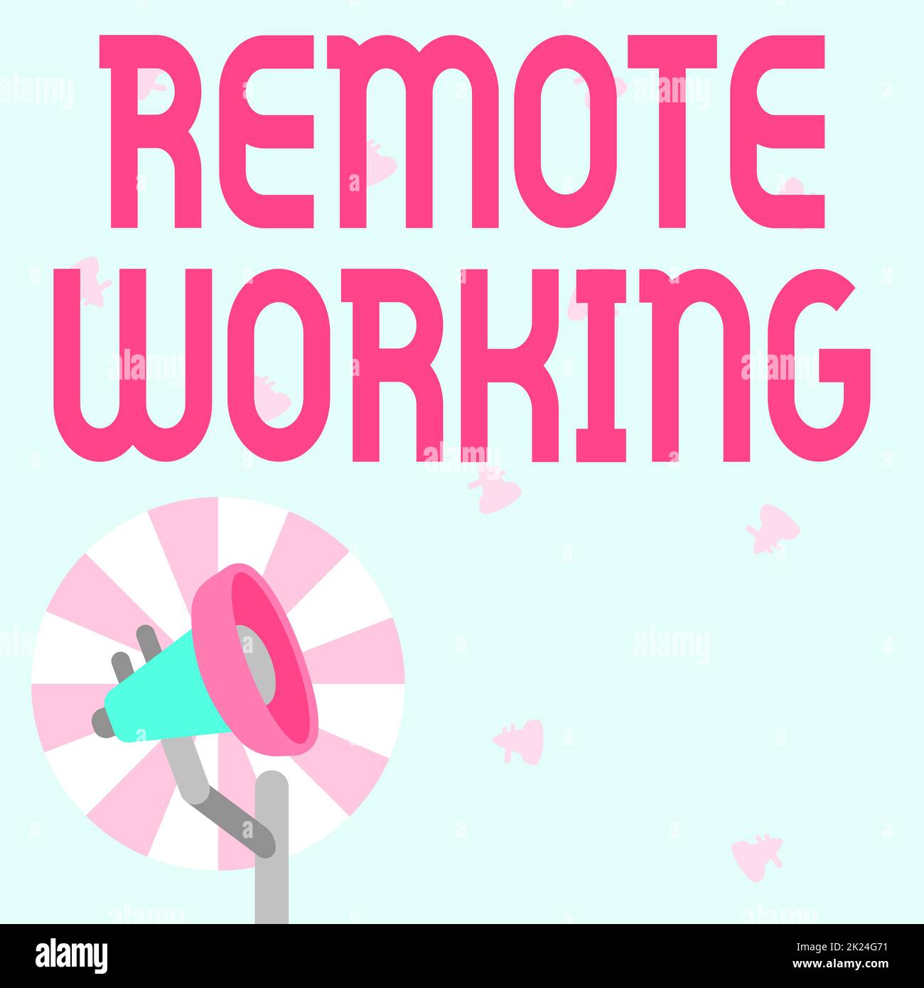 Scrittura a mano segno lavoro remoto, concetto che significa stile che permette ai professionisti di lavorare al di fuori di un ufficio Illustrazione di Megaphone Pole con Sun Foto Stock