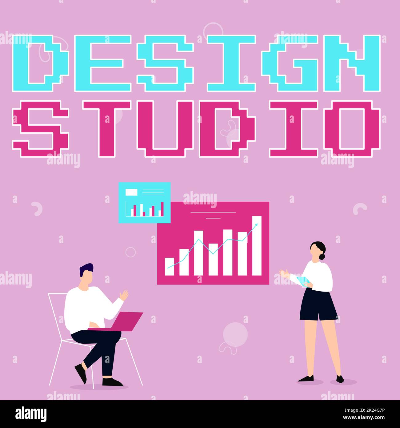 Conceptual display Design Studio, concetto che significa ambiente di lavoro specifico per designer e artigiani l'uomo che utilizza laptop e Girl Standing Sharing Foto Stock