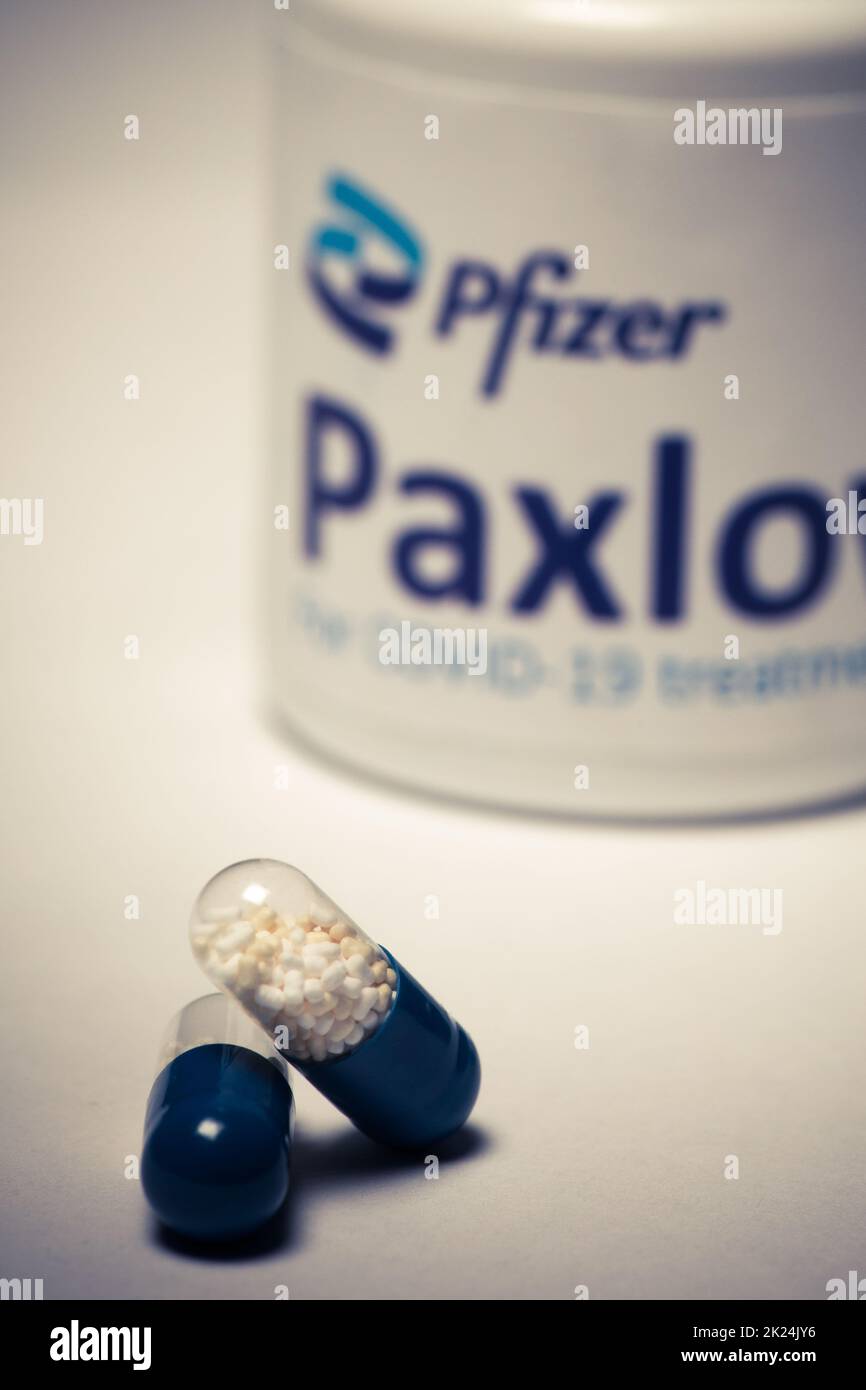 Bucarest, Romania - 1 febbraio 2022: Immagine editoriale illustrativa di concetto di pillola antivirale orale Paxlovid sviluppato da Pfizer. Virus corona Cov Foto Stock