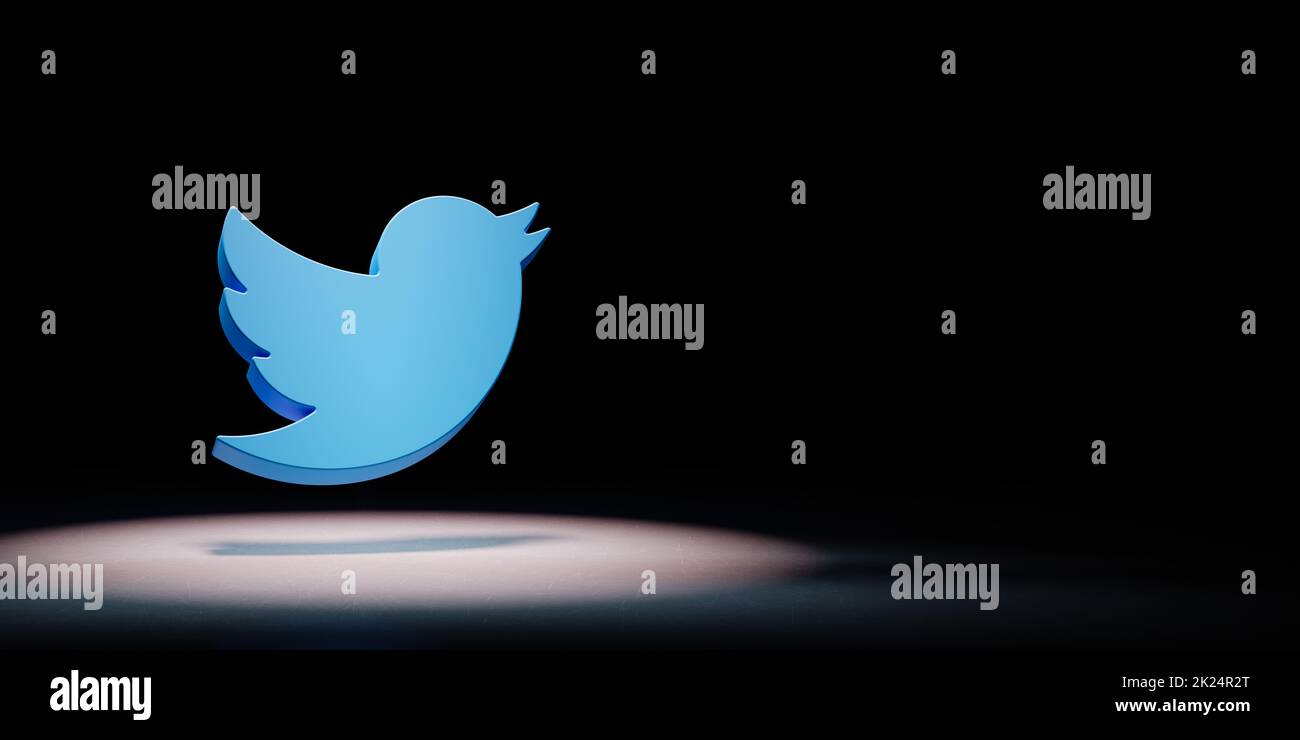 Logo Twitter 3D simbolo forma evidenziata su sfondo nero con Copy Space 3D Illustrazione Foto Stock