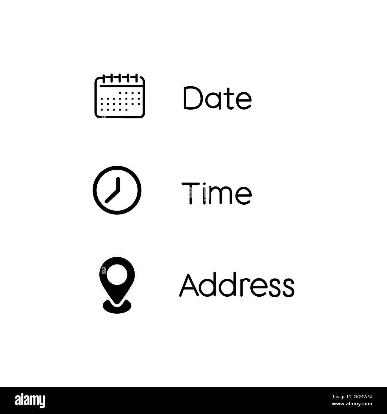 Simbolo delle icone di data, ora, indirizzo o luogo Illustrazione Vettoriale