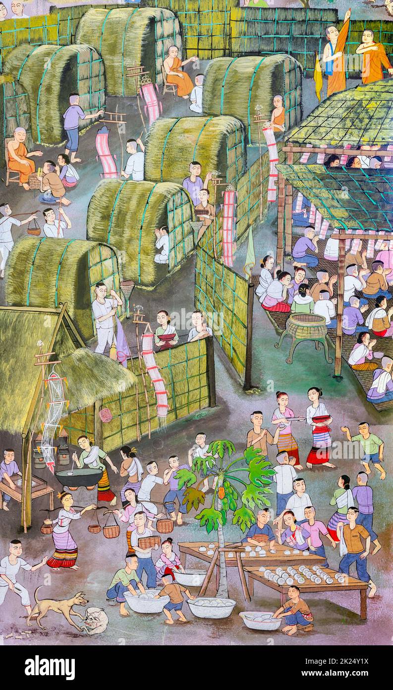 CHIANG mai, THAILANDIA - 27 OTTOBRE 2014 : pittura murale di Lanna tailandese del festival Buddisti sulla parete del tempio di Wat Chaimongkol Tempio a Chiang mai, Thailan Foto Stock