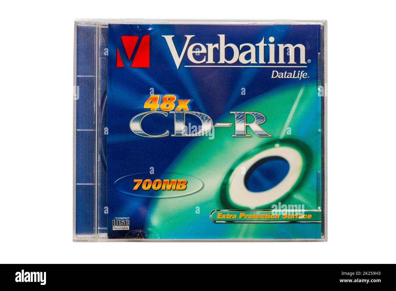 Verbatim Datalife CD-R 700MB disco compatto registrabile in superficie con protezione aggiuntiva isolato su sfondo bianco Foto Stock