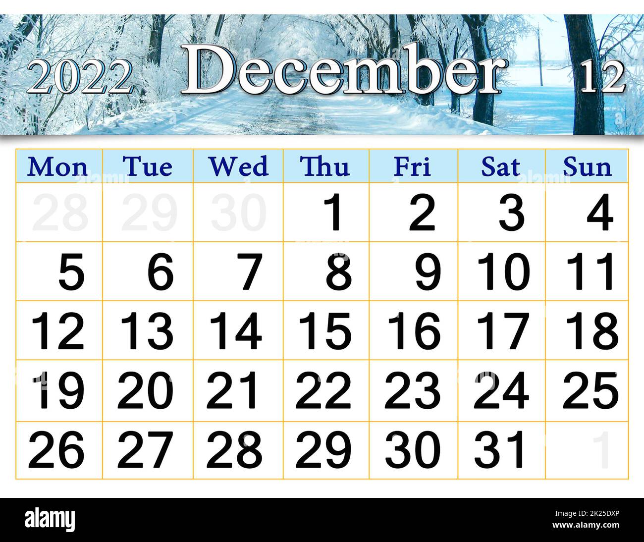 Dicembre 2022 Calendario per l'organizzatore di pianificare e promemoria sulla natura sfondo Foto Stock