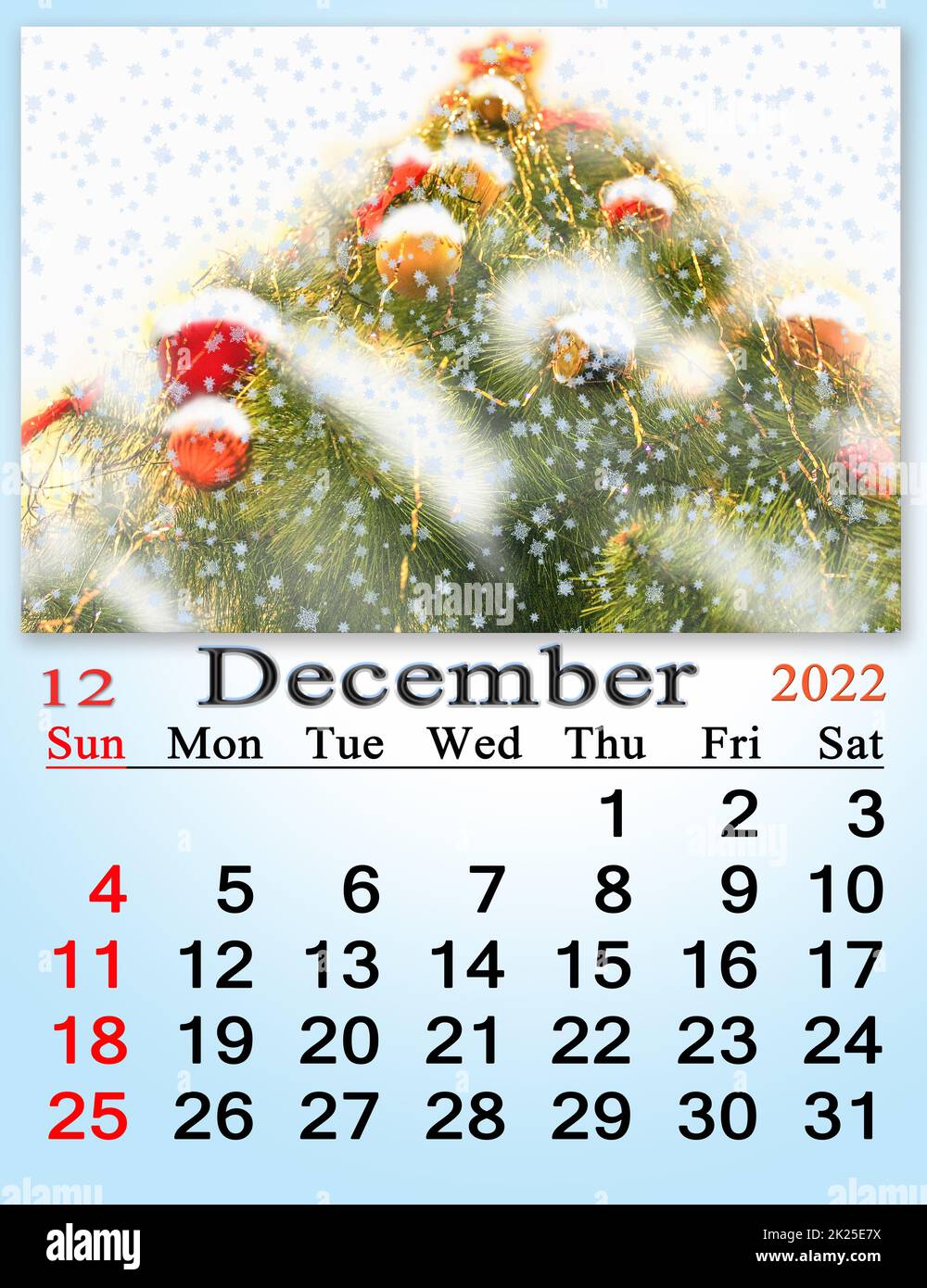 Calendario per il 2022 dicembre con albero di Capodanno fata. Vacanze di Natale Foto Stock
