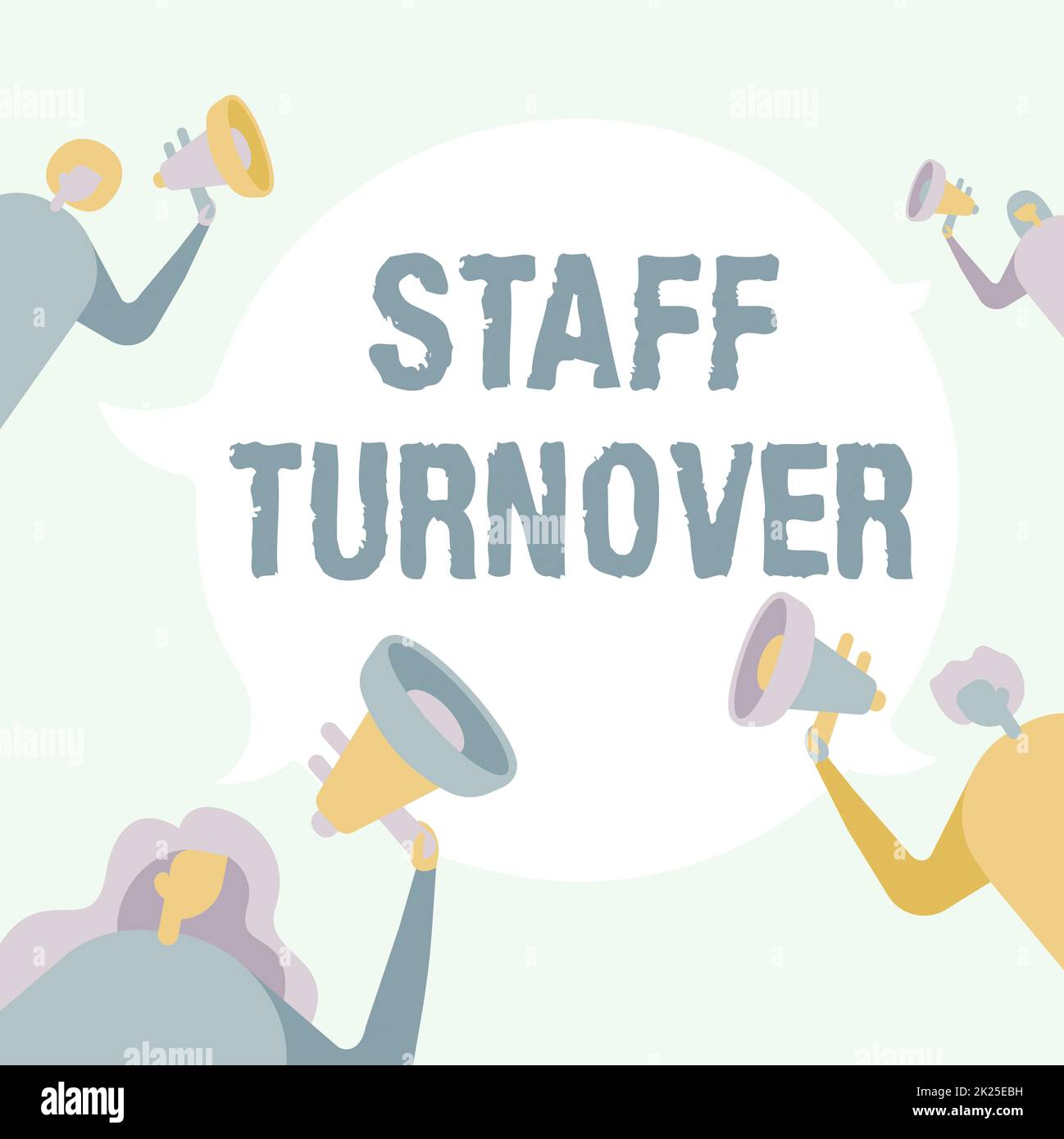 Redazione di testi con turnover del personale. Foto concettuale la percentuale di lavoratori che hanno sostituito i nuovi dipendenti persone Drawing Holding i loro megafoni che parlano tra loro. Foto Stock