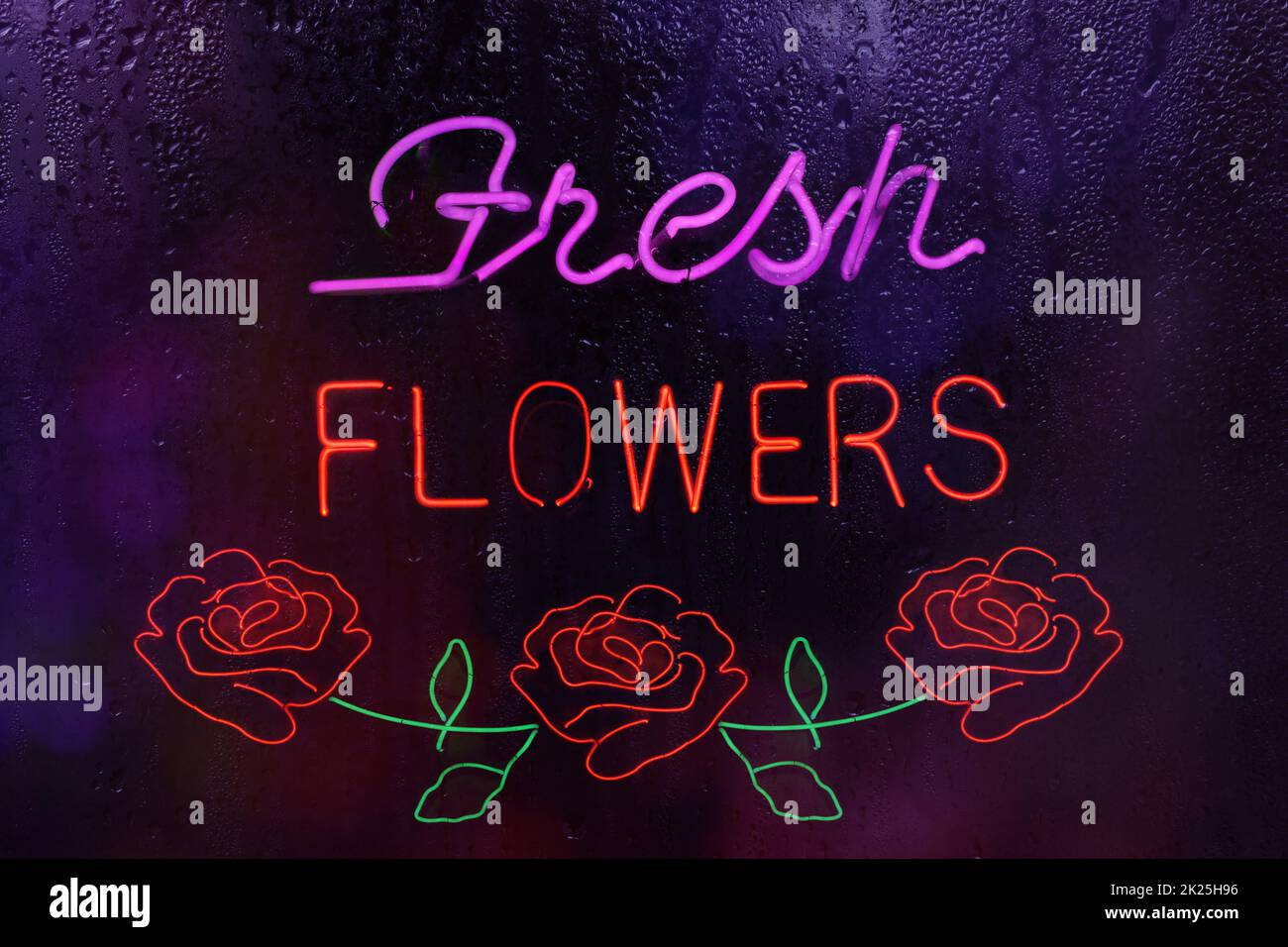 Fiori freschi al neon Sign in finestra piovosa Foto Stock