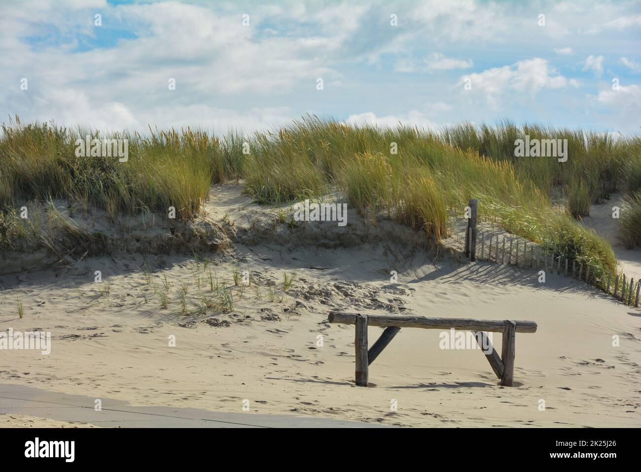 Cancello di legno sulla spiaggia di sabbia di fronte alle dune Foto Stock