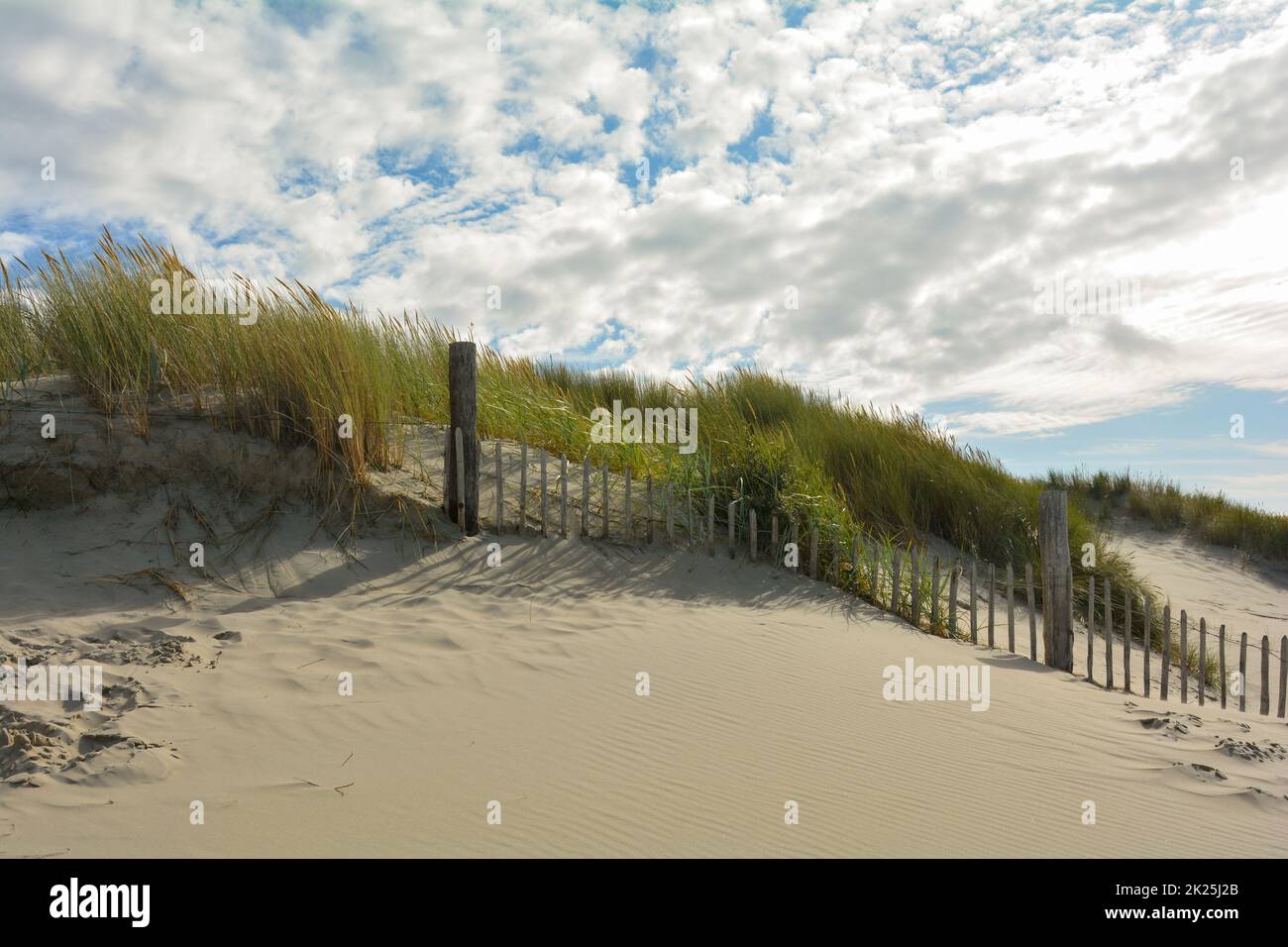 Duna di sabbia con erba spiaggia e una recinzione di legno Foto Stock