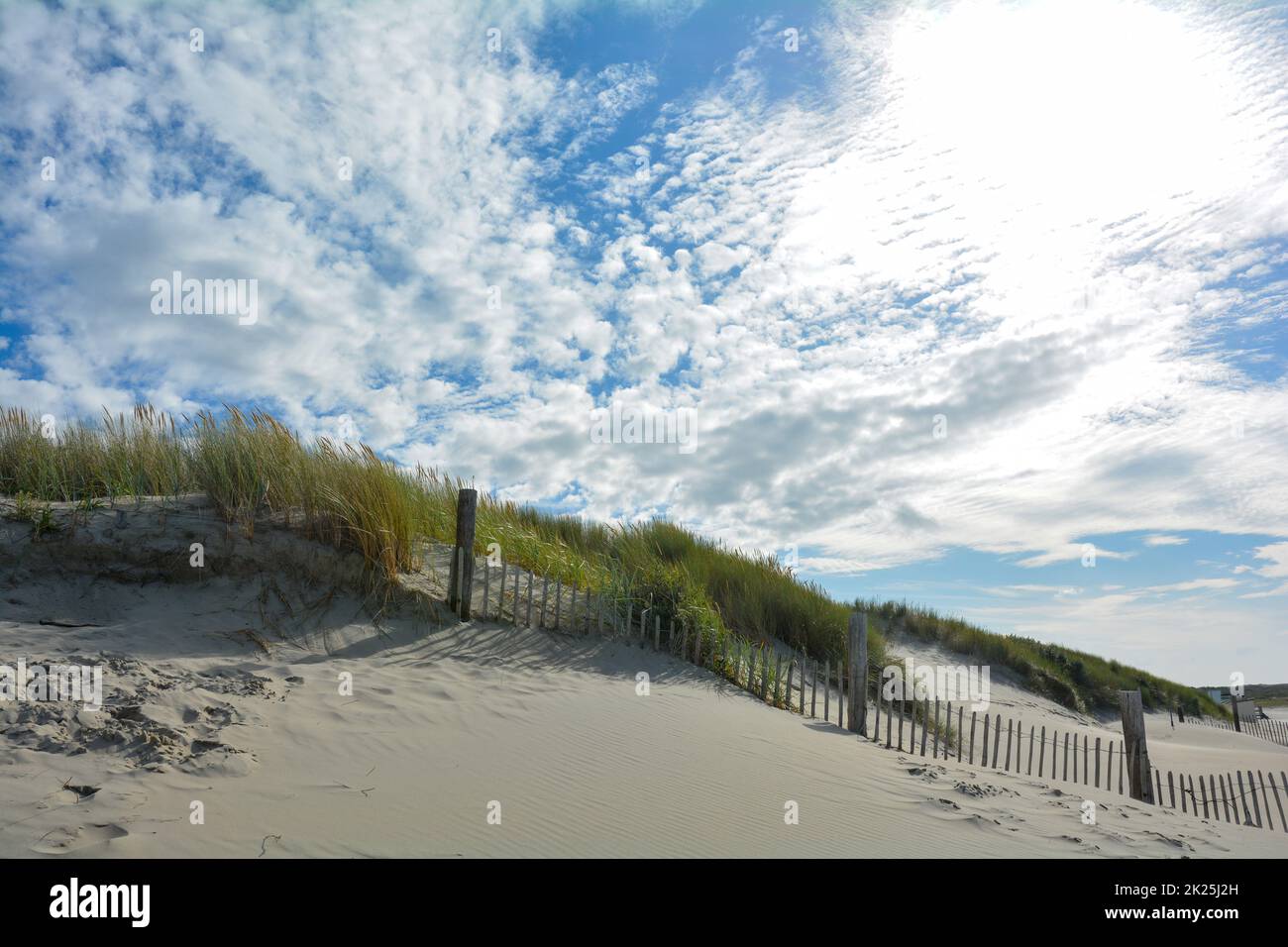 Duna di sabbia con erba della spiaggia e una recinzione di legno e un sacco di cielo Foto Stock