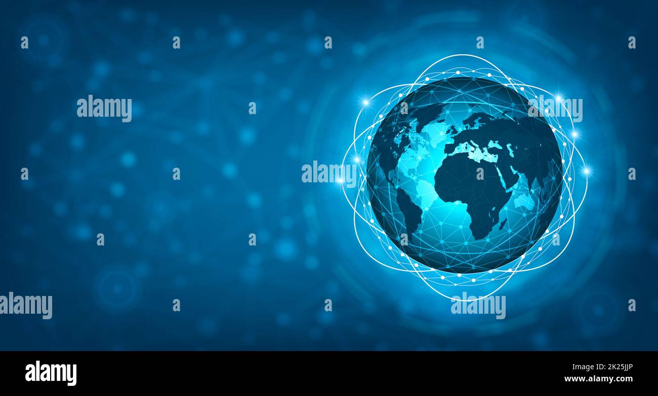 Rete globale di comunicazioni di massa mappa di rete di tutto il mondo mappa blu sfondo blu scuro mappa vettore mondiale rete logistica globale Foto Stock