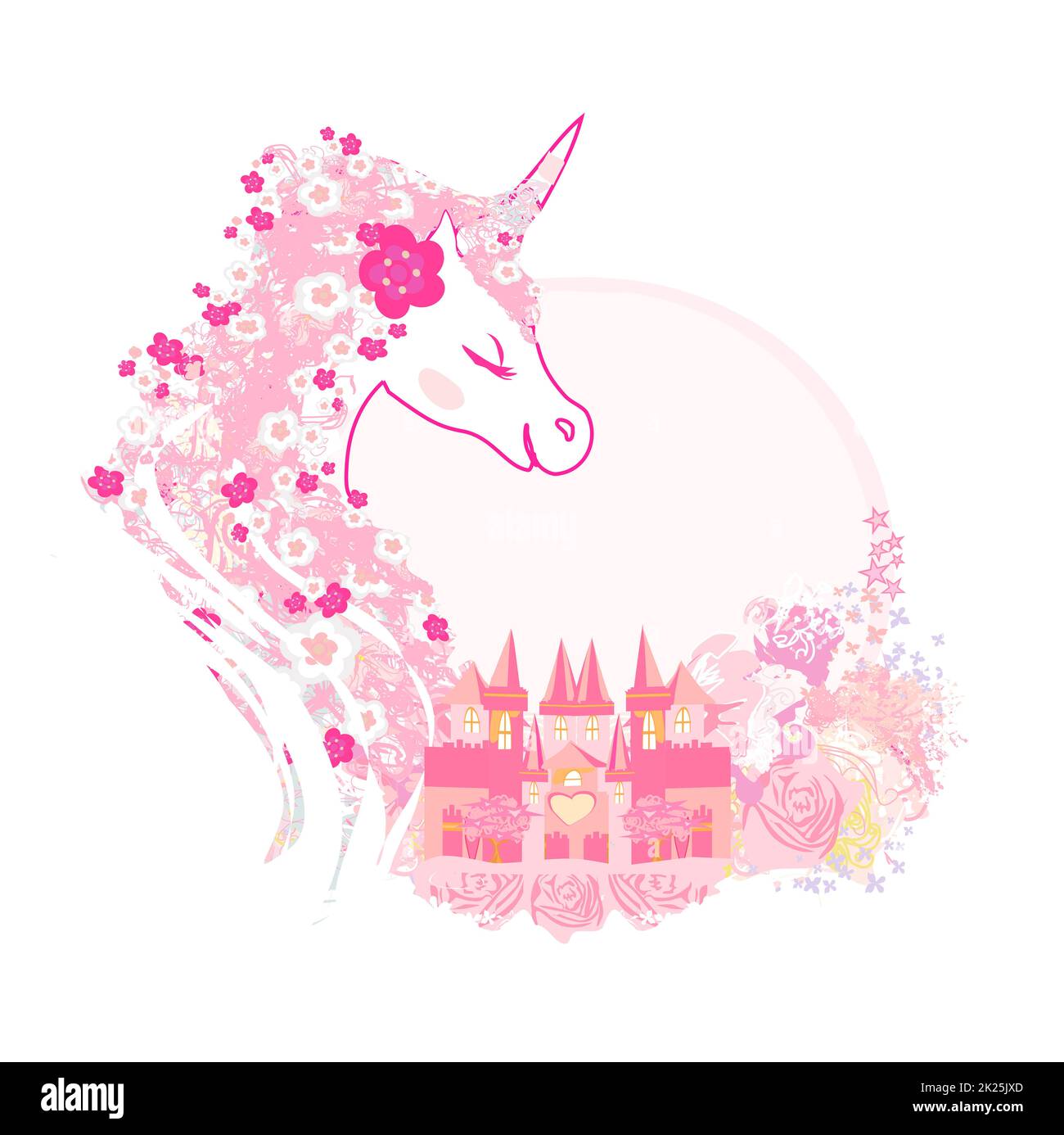Simpatico unicorno e la fiaba cornice del castello principessa Foto Stock