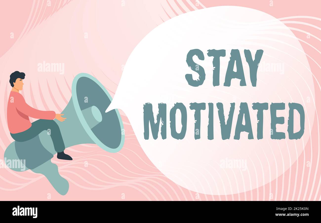 Segno che mostra soggiorno motivato. Concetto del Internet ricompensa voi stessi ogni volta che raggiungete un obiettivo con la conoscenza Gentleman disegno Riding Megaphone grande che mostra la bolla di discorso. Foto Stock