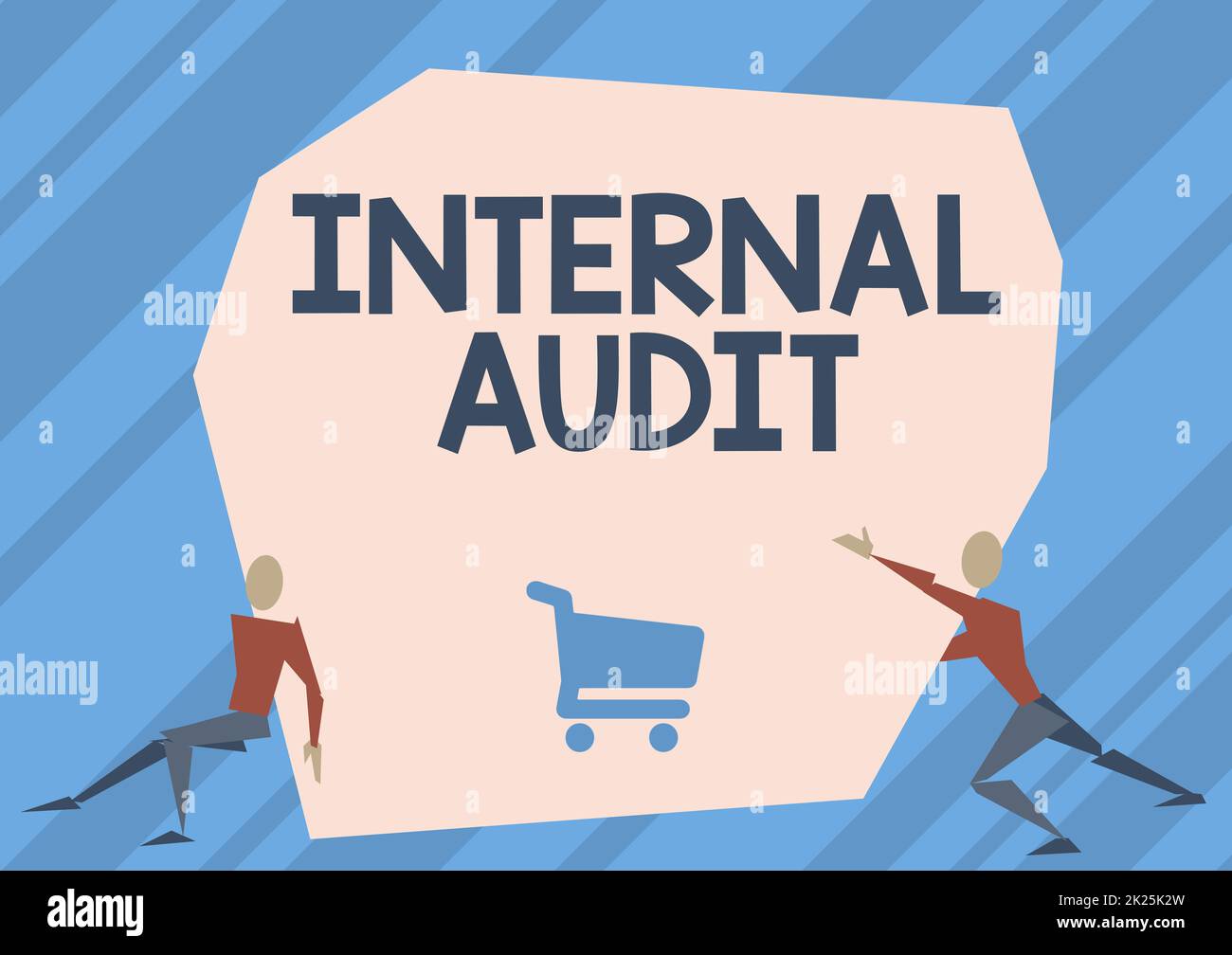 Firma che mostra la verifica interna. Concetto significato valuta l'efficacia dei controlli e dei processi due uomini Illustrazione cercando di sollevare roccia extra grande per liberare la strada. Foto Stock