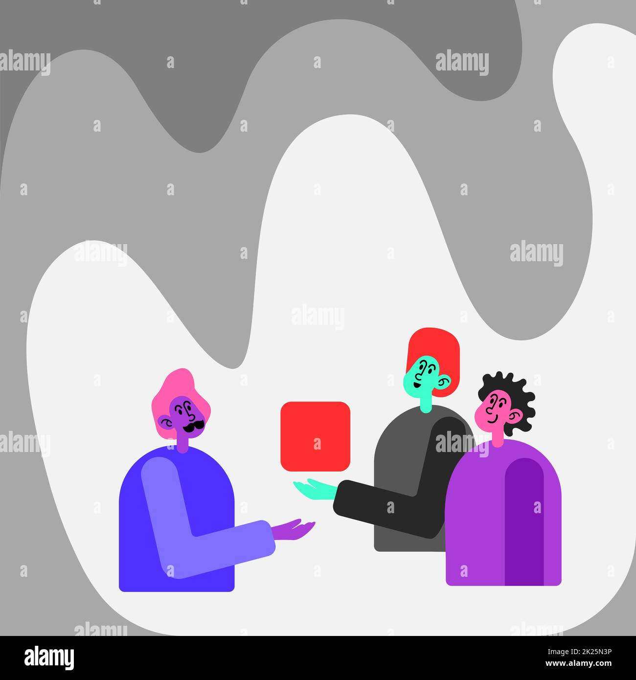 Tre colleghi che hanno Meeting Mostra Cubo in rappresentanza del lavoro di squadra discutendo idee di progetto future. Uomini che mostrano una partnership innovativa per costruire il pensiero. Foto Stock