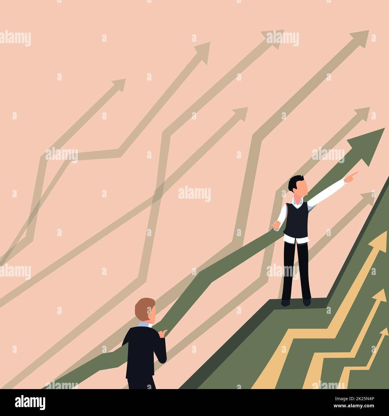 Frecce che guidano due uomini d'affari che collaborano verso un piano finanziario migliore. I colleghi che lavorano insieme predicono i risultati positivi del mercato. Foto Stock