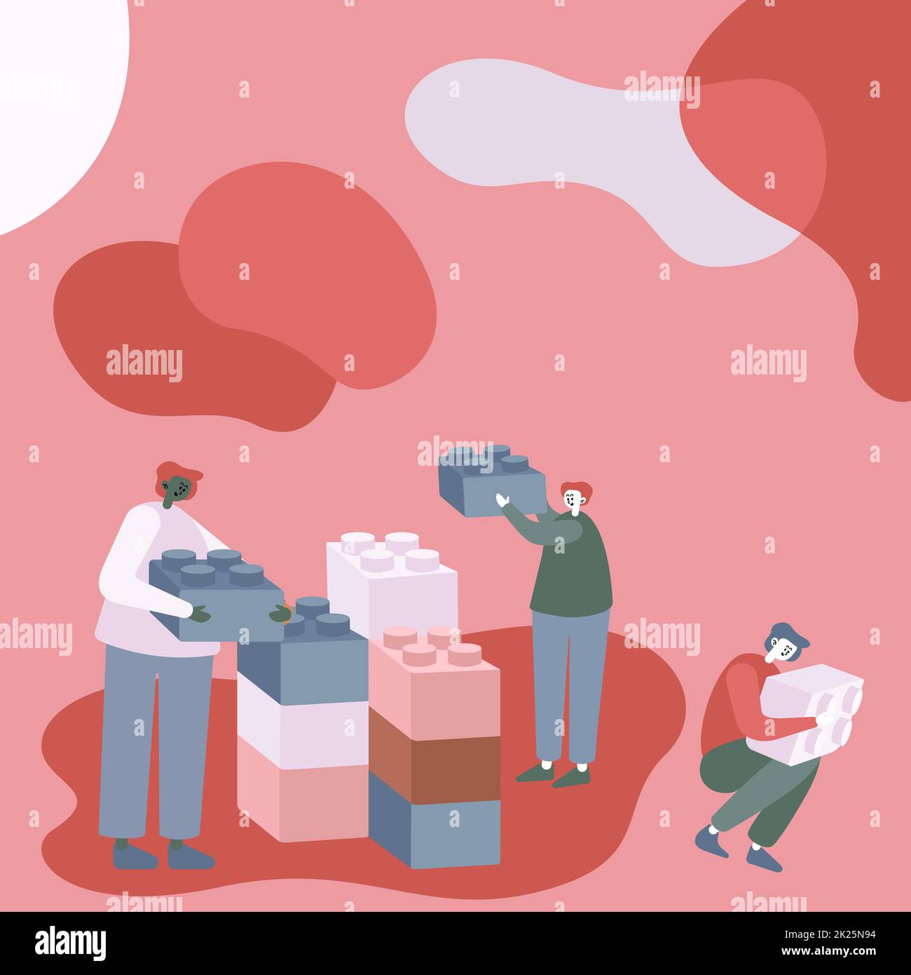 Tre colleghi che hanno Meeting Mostra Cubo in rappresentanza del lavoro di squadra discutendo idee di progetto future. Uomini che mostrano una partnership innovativa per costruire il pensiero. Foto Stock