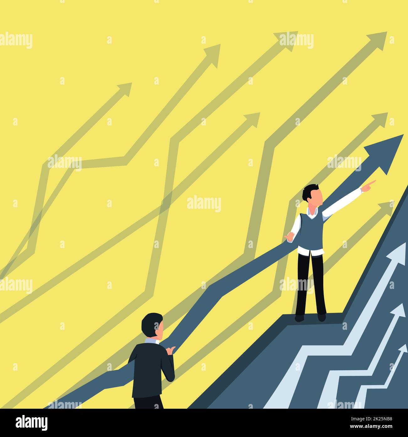 Frecce che guidano due uomini d'affari che collaborano verso un piano finanziario migliore. I colleghi che lavorano insieme predicono i risultati positivi del mercato. Foto Stock