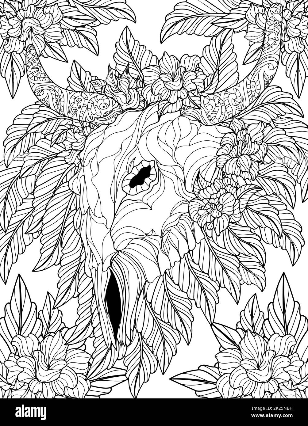 Cranio toro morto con corna lunghe circondato da Flowers Line disegno per colorare libro Foto Stock