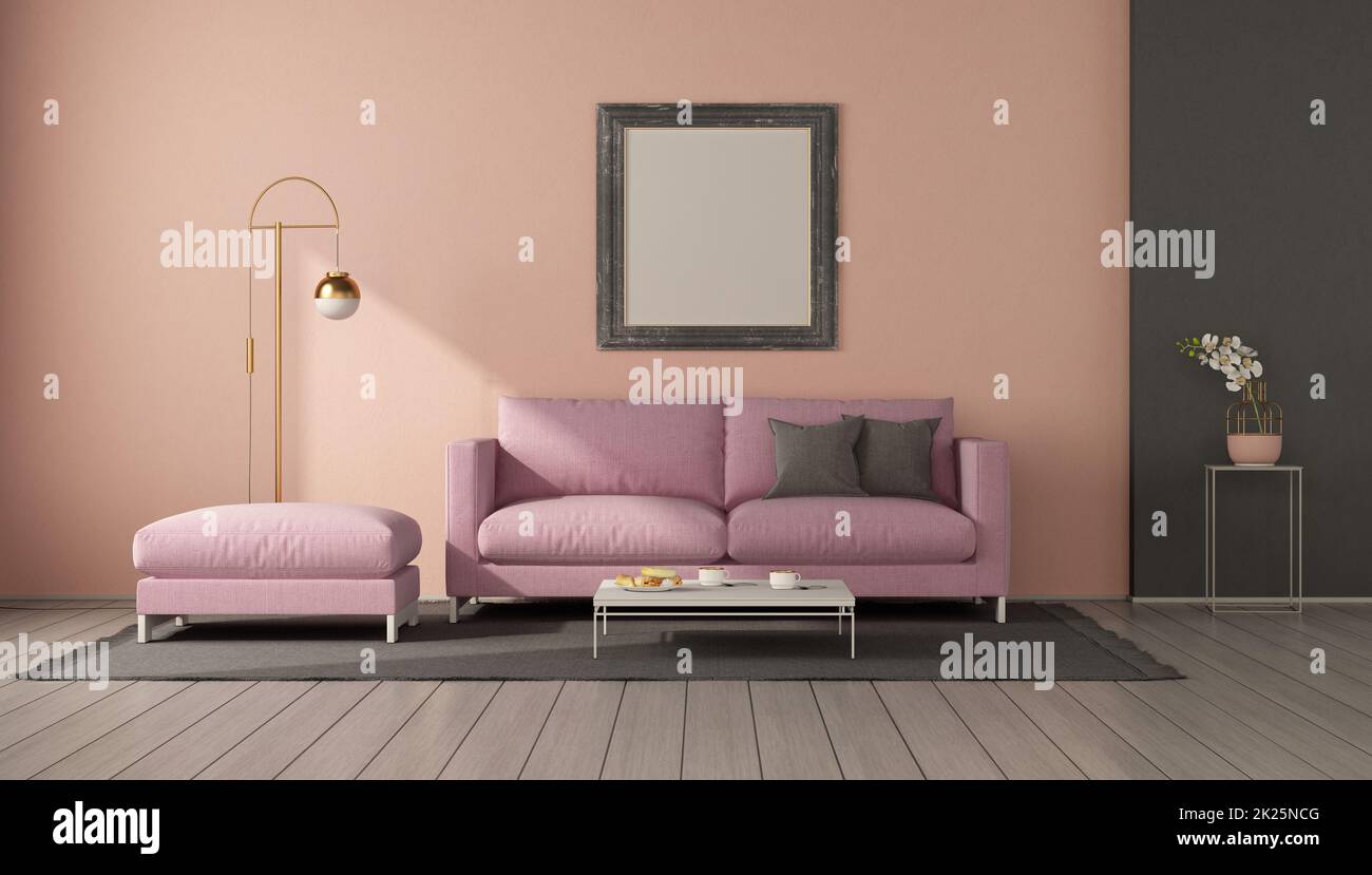 Soggiorno minimalista con divano rosa Foto Stock