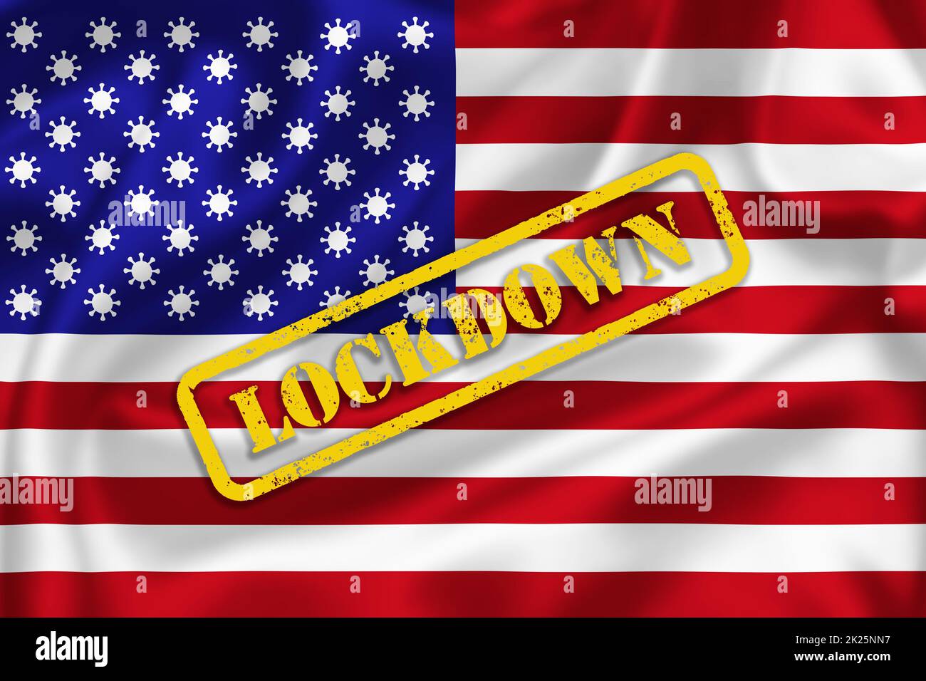 Illustrazione della bandiera degli Stati Uniti d'America con i segni del coronavirus invece del testo di blocco delle stelle. Illustrazione della pandemia di Covid-19 negli Stati Uniti. Foto Stock