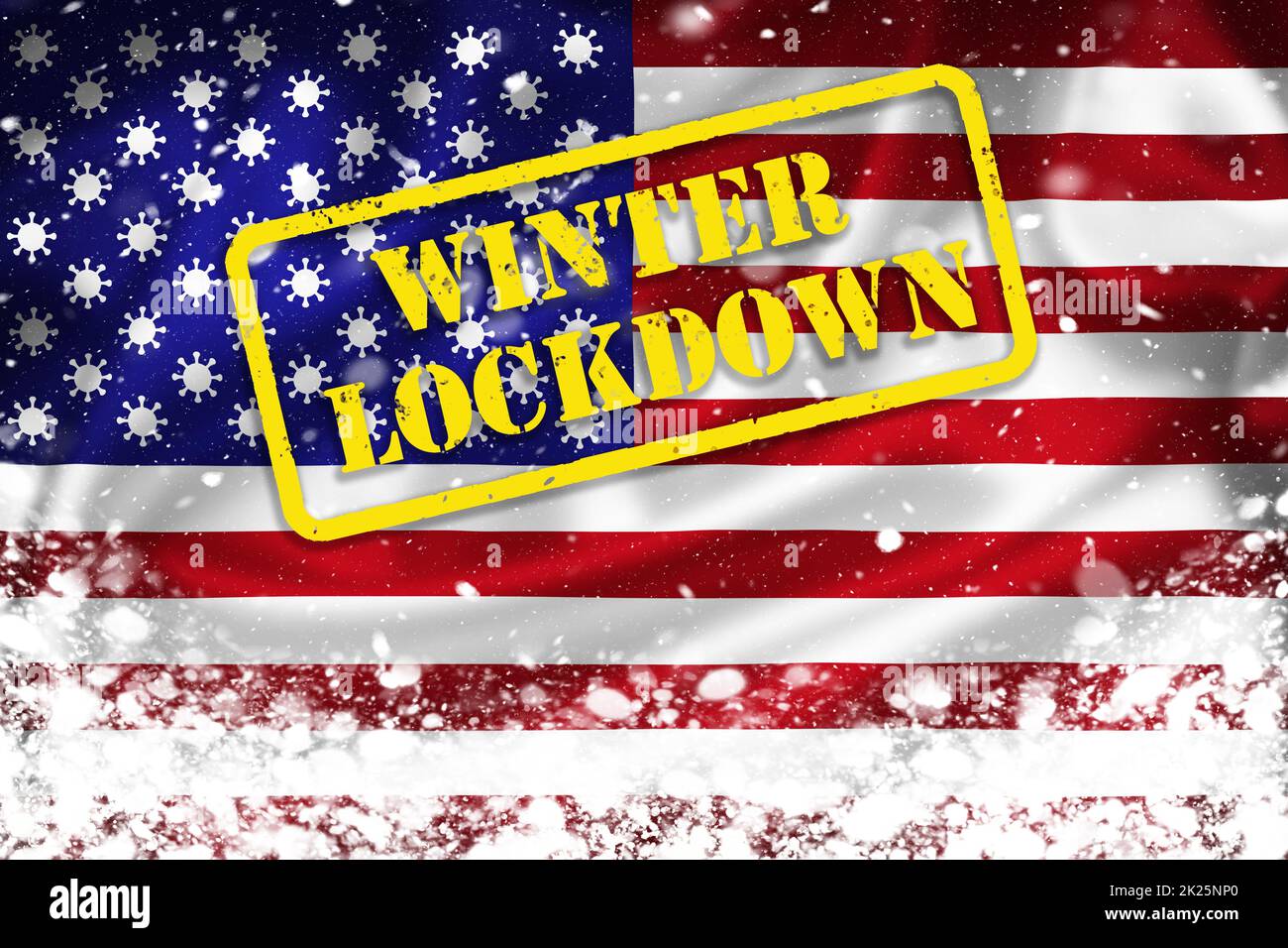 Illustrazione della bandiera degli Stati Uniti d'America con i segni del coronavirus anziché le stelle e il testo di blocco di inverno Foto Stock