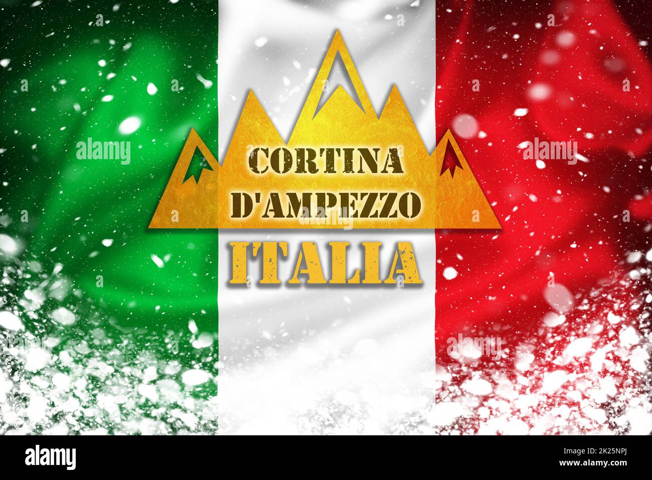 Illustrazione banner Chamonix-Mont-Blanc sulla bandiera francese e lo strato di neve, famosa destinazione sciistica Foto Stock