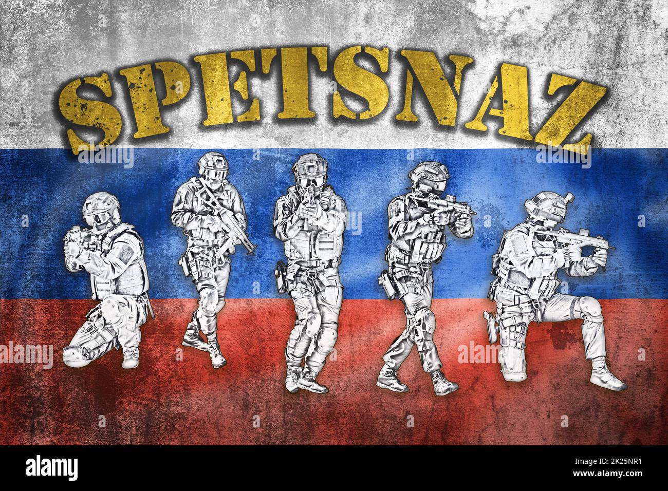 Forze speciali squadra tattica in azione illustrazione con Spetsnaz etichetta sulla grunge bandiera della Federazione Russa, unmarked e irriconoscibile squadra SWAT Foto Stock