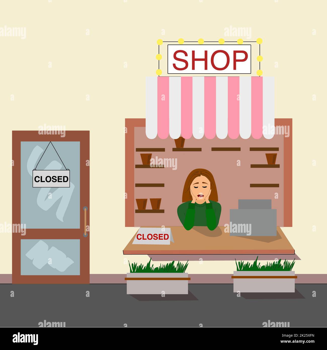 Triste donna d'affari dietro un bancone vuoto in un piccolo negozio. Crisi e fallimento delle piccole imprese Foto Stock