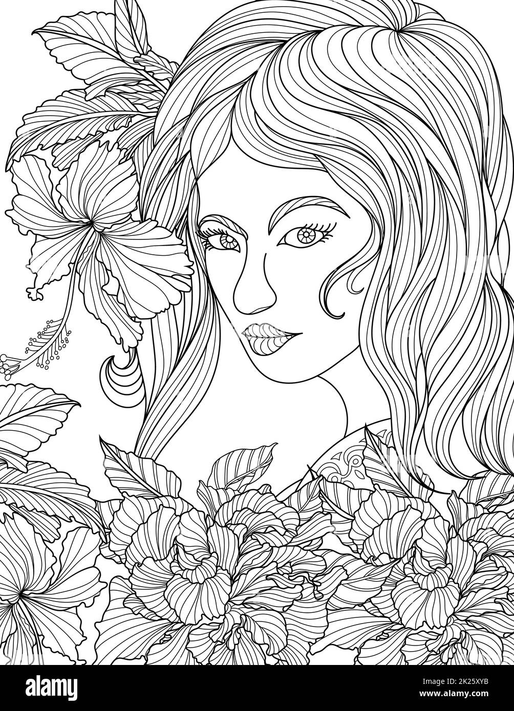 Lady disegno della linea del viso con capelli lunghi circondato con fiori colorazione idea del libro Foto Stock