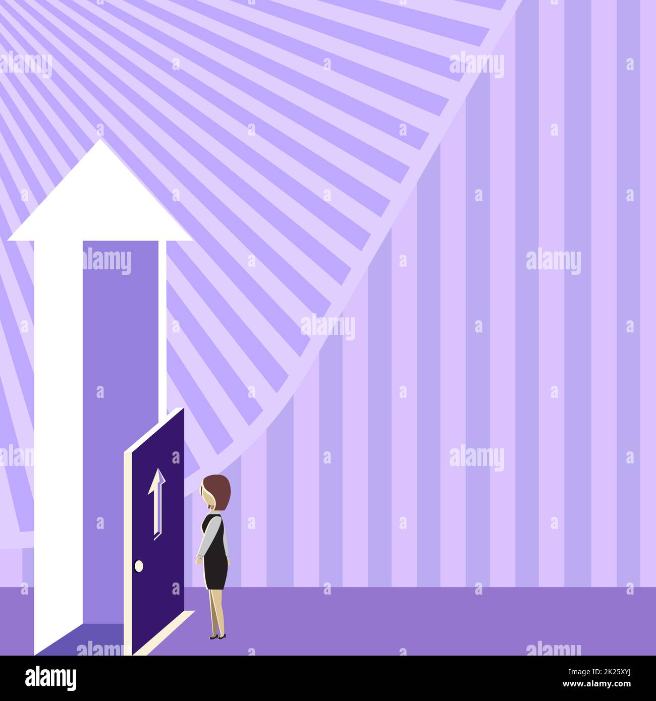 Lady Standing Front of Door apre nuove opportunità per il successo. Donna d'affari che mette in avanti verso l'entrata per l'avanzamento recente nella carriera. Foto Stock