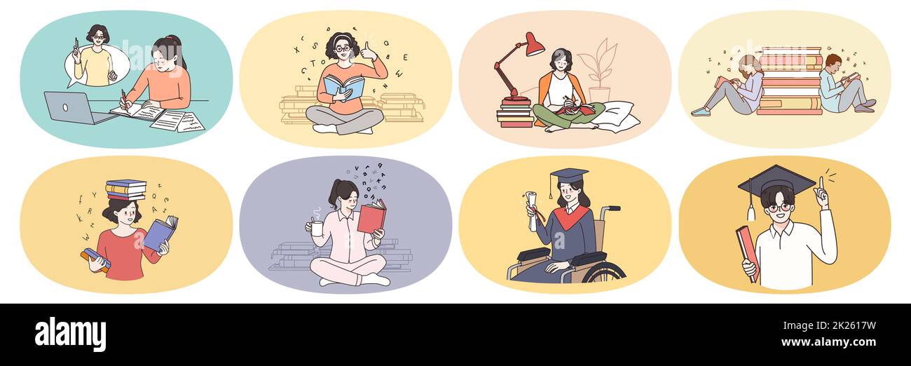 Insieme di persone diverse studiano con libri di testo Foto Stock